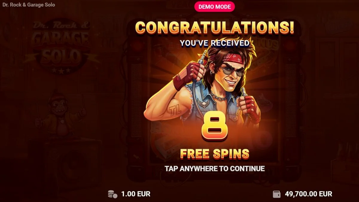 Dr. Rock & Garage Solo slot machine interface com tema de rock