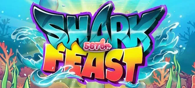 Cena vibrante e colorida do jogo Shark Feast com criaturas marinhas em estilo neon